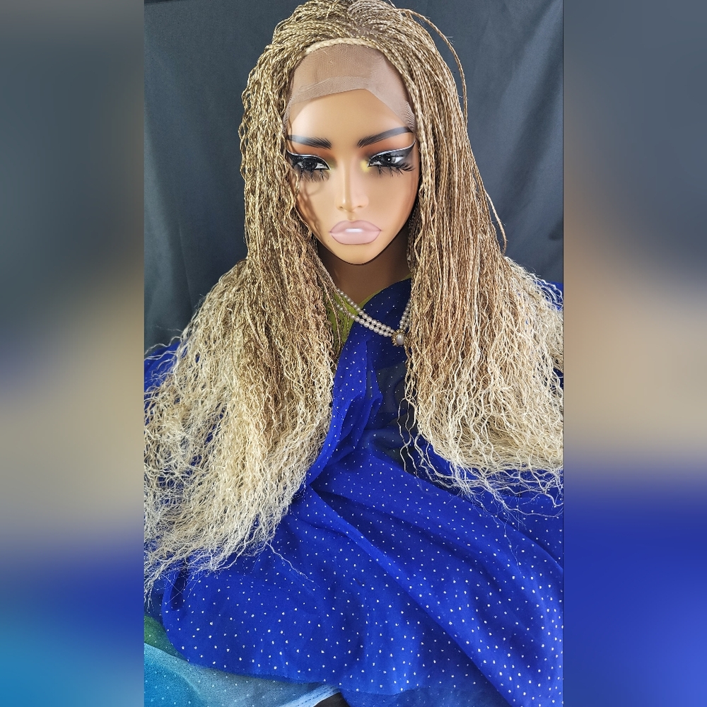 Micro Braided Wig boho | Blonde 613/27 Ombre | Long 22" | Curly Ends Full Lace โจ - Picture 14 of 15